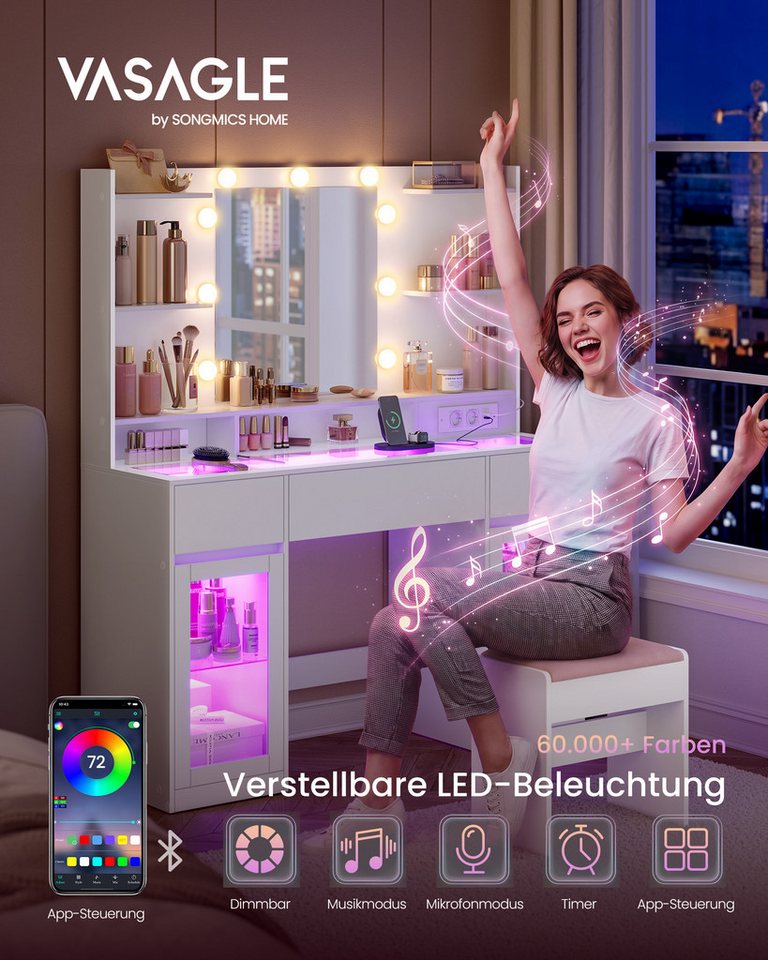 VASAGLE Schminktisch mit Spiegel, RGB-Beleuchtung und Steckdose, 107 x 40 x 144,5 cm (1 Tisch mit 1 Hocker), Holzspanplatte und Glas, mit 2 Schränken, Weiß, für – Bild 2 von 5