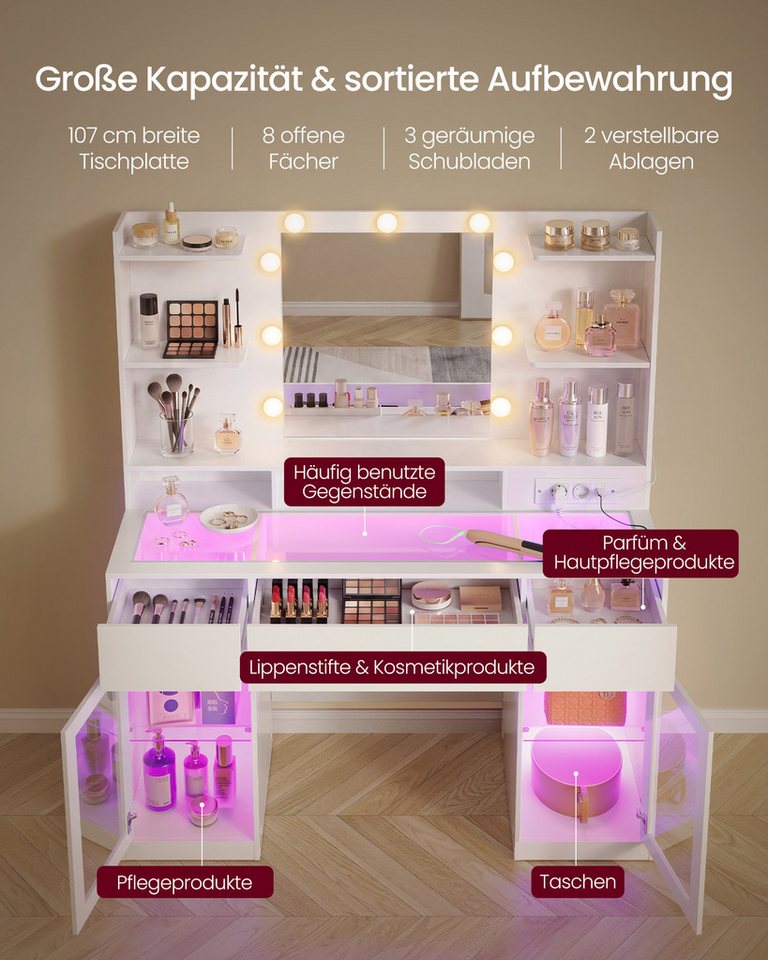 VASAGLE Schminktisch mit Spiegel, RGB-Beleuchtung und Steckdose, 107 x 40 x 144,5 cm (1 Tisch mit 1 Hocker), Holzspanplatte und Glas, mit 2 Schränken, Weiß, für – Bild 3 von 5