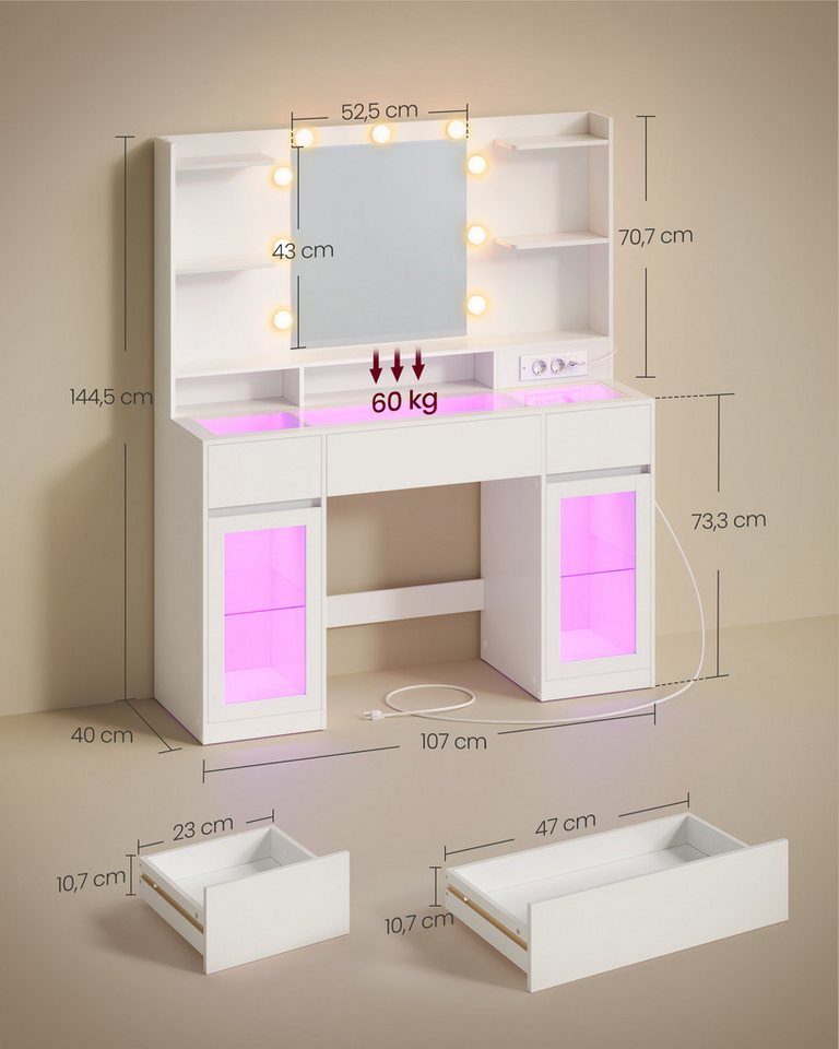 VASAGLE Schminktisch mit Spiegel, RGB-Beleuchtung und Steckdose, 107 x 40 x 144,5 cm (1 Tisch mit 1 Hocker), Holzspanplatte und Glas, mit 2 Schränken, Weiß, für – Bild 5 von 5