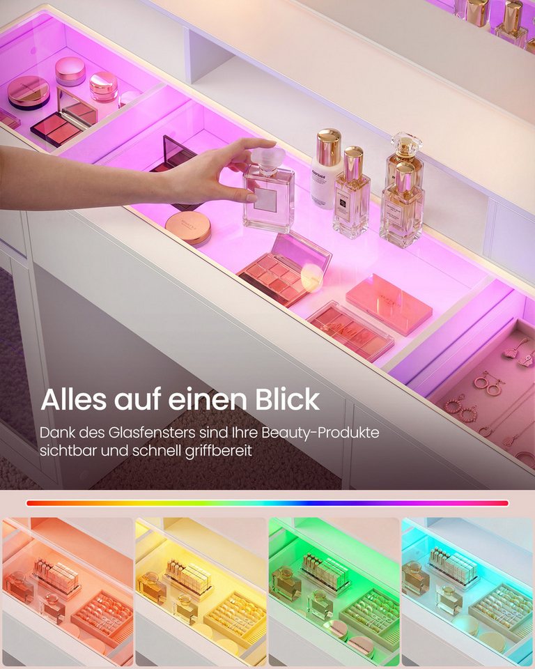 VASAGLE Schminktisch mit Spiegel, RGB-Beleuchtung und Steckdose, 107 x 40 x 144,5 cm (1 Tisch), Holzspanplatte und Glas, mit 2 Schränken, Weiß, für Schlafzimmer – Bild 4 von 5