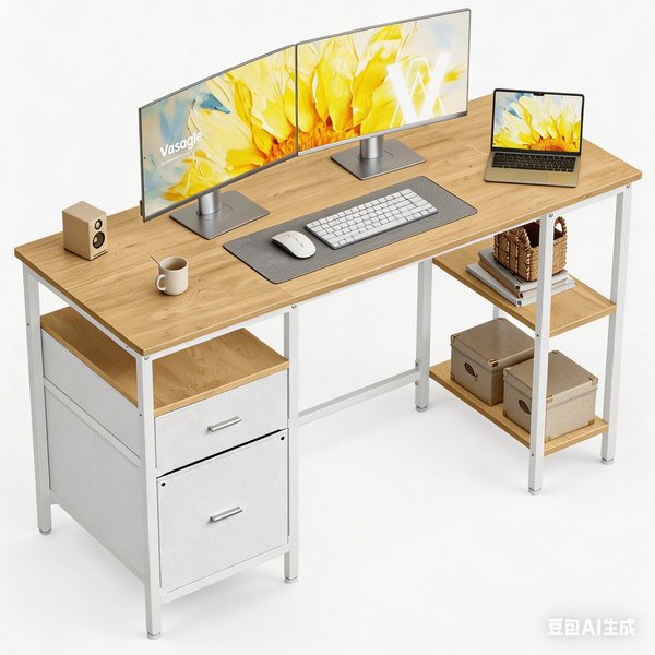 VASAGLE Schreibtisch Computertisch, Bürotisch, mit 3 Ablagen, 2 Schubladen, 127 x 50 x 76 cm, fürs Büro, Wohnzimmer, moderner Stil, mit 3 Ablagen