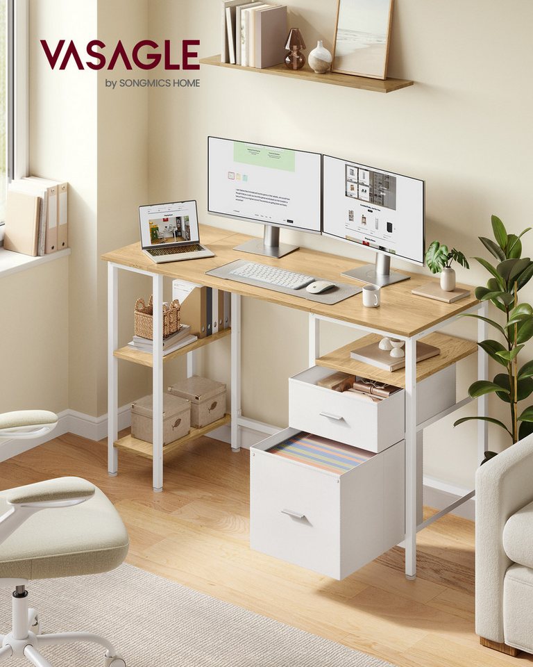 VASAGLE Schreibtisch Computertisch, Bürotisch, mit 3 Ablagen, 2 Schubladen, 127 x 50 x 76 cm, fürs Büro, Wohnzimmer, moderner Stil, mit 3 Ablagen – Bild 2 von 5