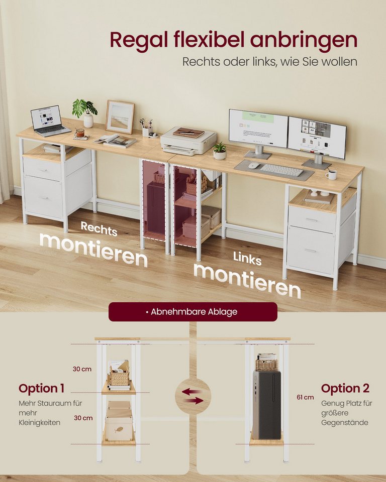 VASAGLE Schreibtisch Computertisch, Bürotisch, mit 3 Ablagen, 2 Schubladen, 127 x 50 x 76 cm, fürs Büro, Wohnzimmer, moderner Stil, mit 3 Ablagen – Bild 4 von 5