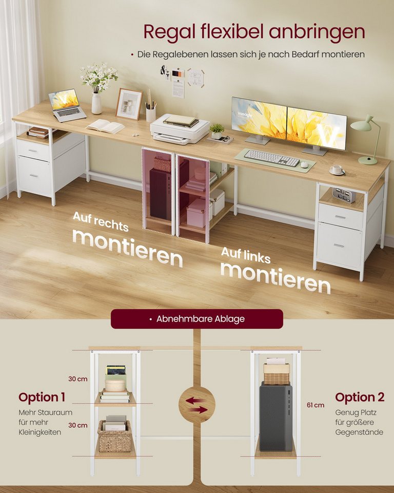 VASAGLE Schreibtisch Computertisch Bürotisch, 2 Schubladen, 160 x 60 x 76 cm, fürs Büro, Wohnzimmer, moderner Stil, mit 3 Ablagen – Bild 4 von 5