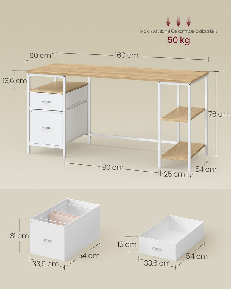 VASAGLE Schreibtisch Computertisch Bürotisch, 2 Schubladen, 160 x 60 x 76 cm, fürs Büro, Wohnzimmer, moderner Stil, mit 3 Ablagen – Bild 5 von 5
