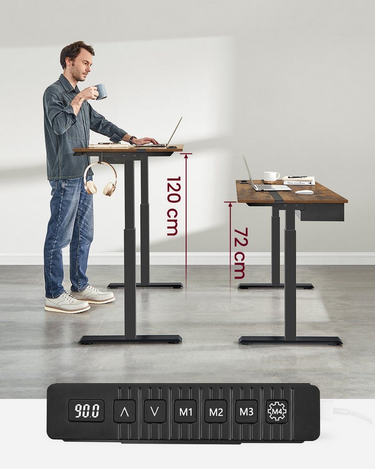 VASAGLE Schreibtisch höhenverstellbar, elektrisch, mit Steckdosen und Stoffschublade, Memory-Funktion mit 4 Höhen – Bild 3 von 5