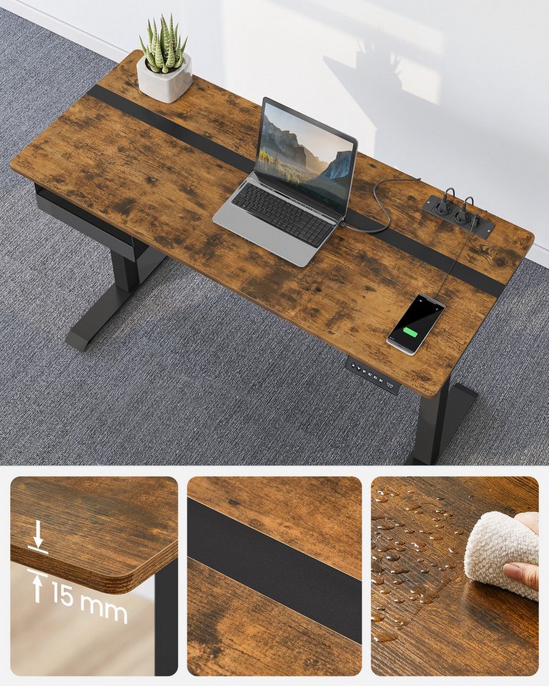 VASAGLE Schreibtisch höhenverstellbar, elektrisch, mit Steckdosen und Stoffschublade, Memory-Funktion mit 4 Höhen – Bild 5 von 5