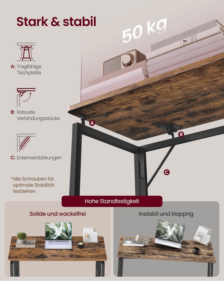 VASAGLE Schreibtisch Klapptisch, kleiner Schreibtisch klappbar, Computertisch, Tischplatte aus einem Stück, abgerundete Ecken, Tisch – Bild 5 von 5