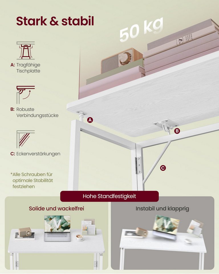 VASAGLE Schreibtisch Klapptisch, kleiner Schreibtisch klappbar, Computertisch, Tischplatte aus einem Stück, abgerundete Ecken, Tisch – Bild 5 von 5