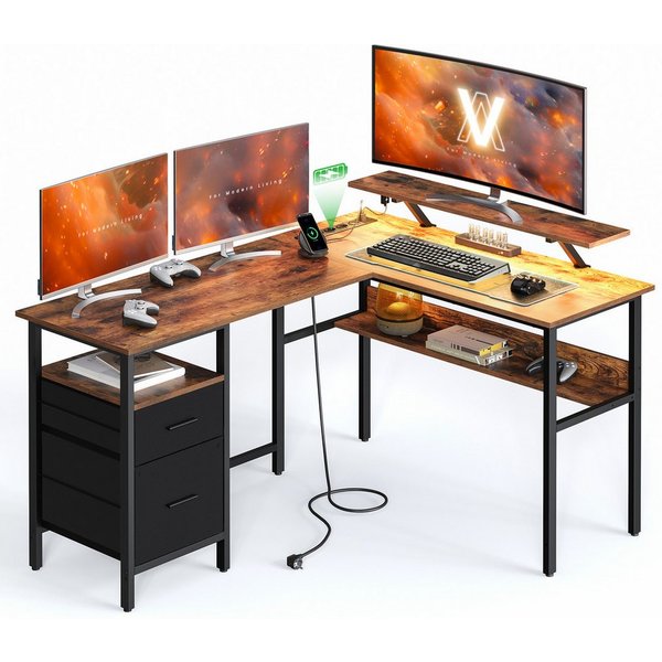 VASAGLE Schreibtisch L-förmiger Computertisch, Gaming-Tisch, 120 x 150 x 76 cm, Homeoffice, mit Monitorständer, LED-Beleuchtung, USB-Anschlüsse, vintagebraun