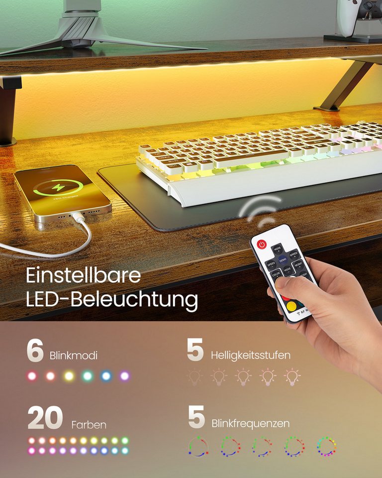 VASAGLE Schreibtisch L-förmiger Computertisch, Gaming-Tisch, 120 x 150 x 76 cm, Homeoffice, mit Monitorständer, LED-Beleuchtung, USB-Anschlüsse, vintagebraun – Bild 3 von 5