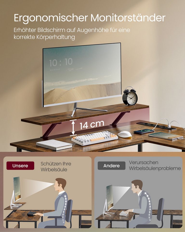 VASAGLE Schreibtisch L-förmiger Computertisch, Gaming-Tisch, 120 x 150 x 76 cm, Homeoffice, mit Monitorständer, LED-Beleuchtung, USB-Anschlüsse, vintagebraun – Bild 5 von 5