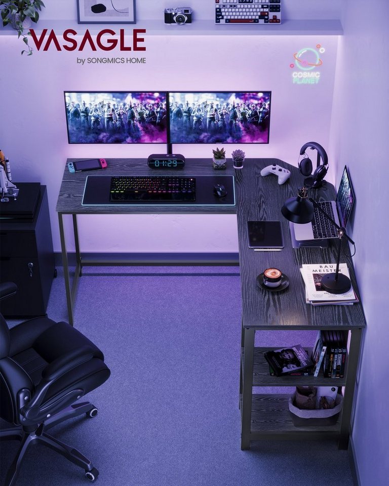 VASAGLE Schreibtisch L-förmiger Computertisch, Eckschreibtisch, Gaming, Homeoffice, 138 x 138 x 76 cm, mit 2 Ablagen, platzsparender, einfacher Aufbau – Bild 2 von 5