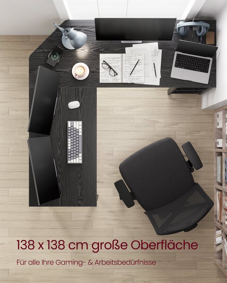 VASAGLE Schreibtisch L-förmiger Computertisch, Eckschreibtisch, Gaming, Homeoffice, 138 x 138 x 76 cm, mit 2 Ablagen, platzsparender, einfacher Aufbau – Bild 3 von 5