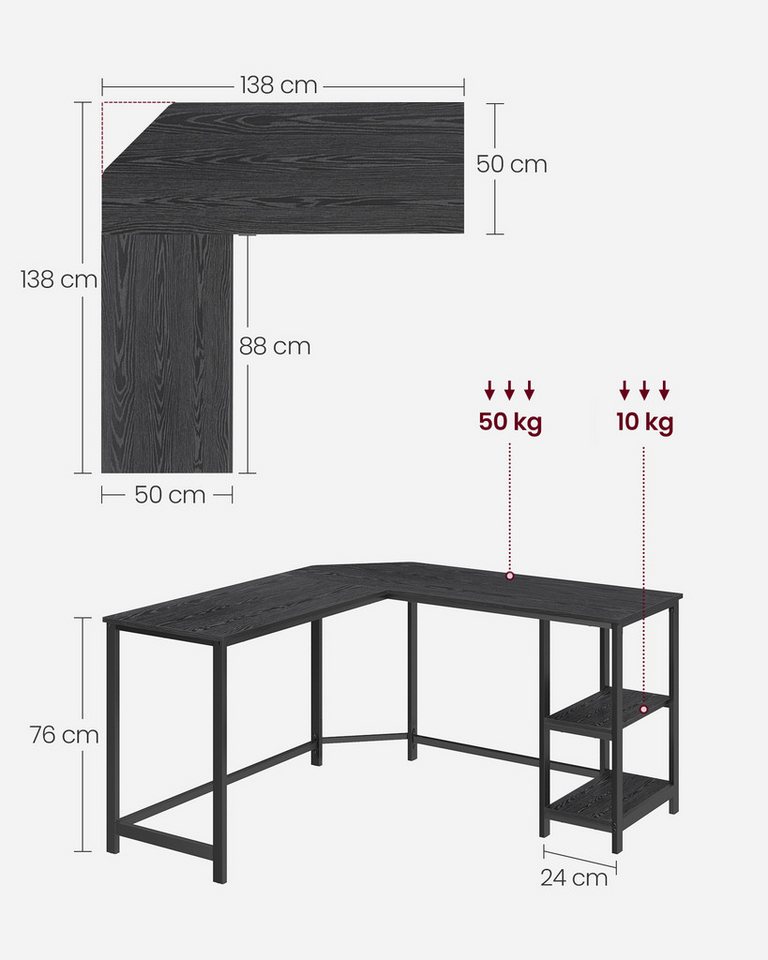 VASAGLE Schreibtisch L-förmiger Computertisch, Eckschreibtisch, Gaming, Homeoffice, 138 x 138 x 76 cm, mit 2 Ablagen, platzsparender, einfacher Aufbau – Bild 4 von 5
