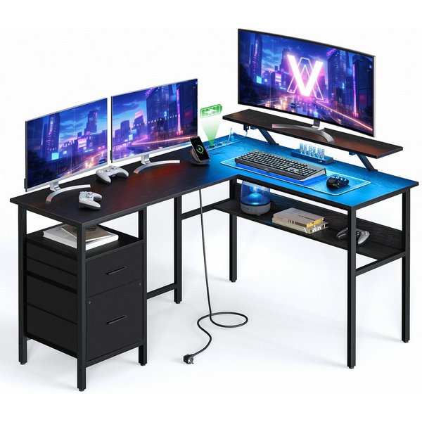 VASAGLE Schreibtisch L-förmiger Computertisch, Gaming-Tisch, 120 x 150 x 76 cm, Homeoffice, mit Monitorständer, LED-Beleuchtung, USB-Anschlüsse, ebenholzschwarz