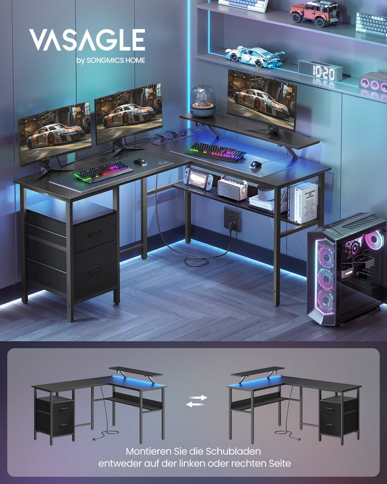 VASAGLE Schreibtisch L-förmiger Computertisch, Gaming-Tisch, 120 x 150 x 76 cm, Homeoffice, mit Monitorständer, LED-Beleuchtung, USB-Anschlüsse, ebenholzschwarz – Bild 2 von 5