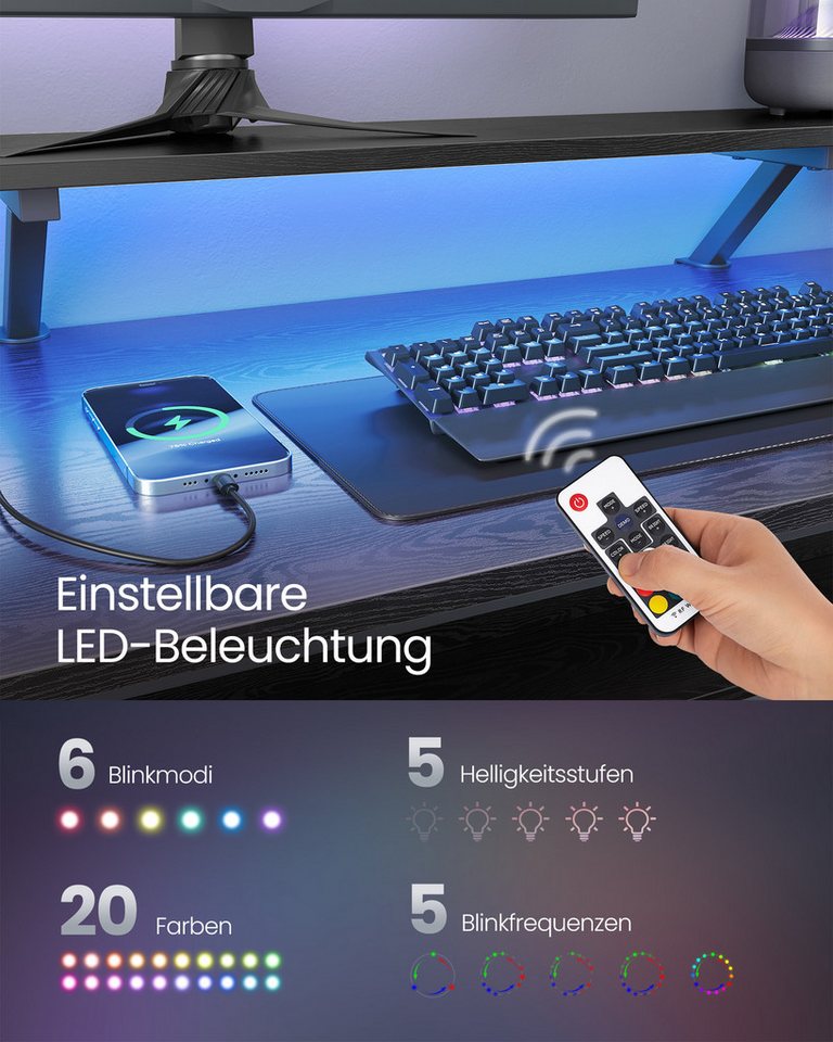 VASAGLE Schreibtisch L-förmiger Computertisch, Gaming-Tisch, 120 x 150 x 76 cm, Homeoffice, mit Monitorständer, LED-Beleuchtung, USB-Anschlüsse, ebenholzschwarz – Bild 3 von 5