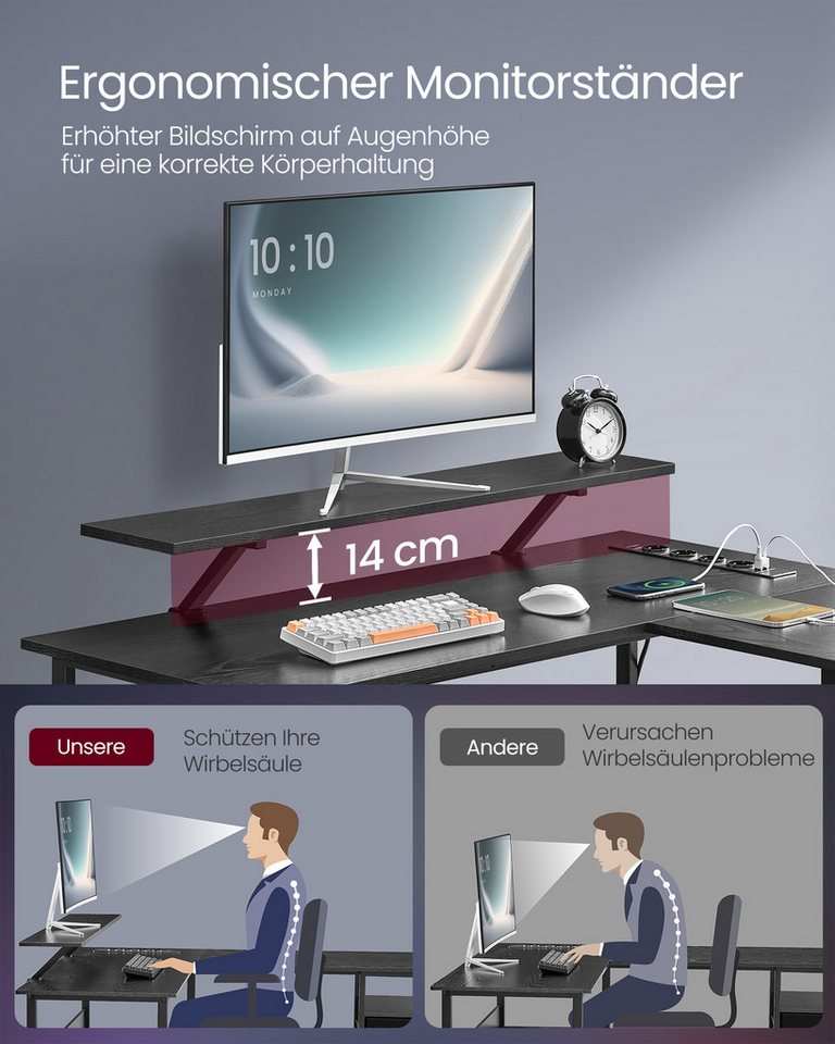 VASAGLE Schreibtisch L-förmiger Computertisch, Gaming-Tisch, 120 x 150 x 76 cm, Homeoffice, mit Monitorständer, LED-Beleuchtung, USB-Anschlüsse, ebenholzschwarz – Bild 5 von 5