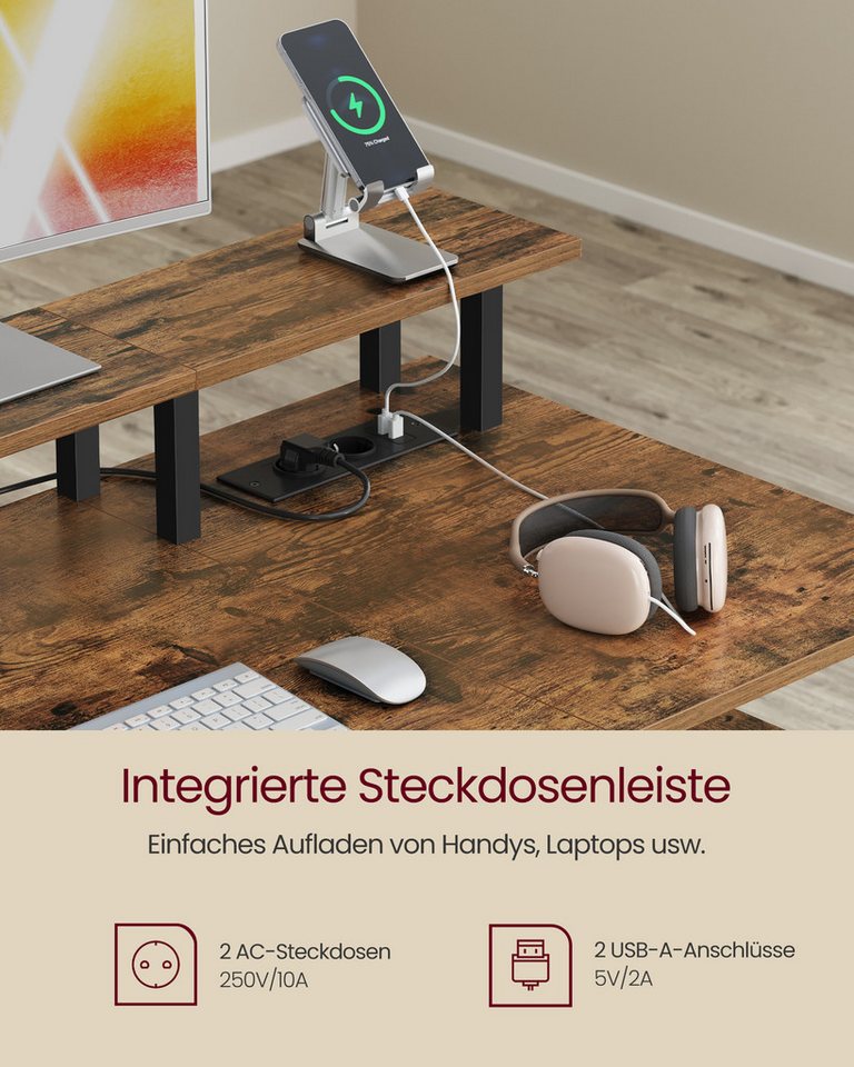 VASAGLE Schreibtisch mit Stoff-Schubladen, Computertisch mit Monitorständer, für Homeoffice, Bürotisch, 2 AC-Steckdosen, 2 USB-A-Anschlüsse, 120 x 60 cm – Bild 3 von 5