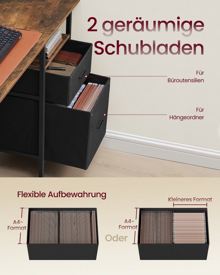 VASAGLE Schreibtisch mit Stoff-Schubladen, Computertisch mit Monitorständer, für Homeoffice, Bürotisch, 2 AC-Steckdosen, 2 USB-A-Anschlüsse, 120 x 60 cm – Bild 4 von 5