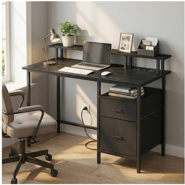 VASAGLE Schreibtisch mit Stoff-Schubladen, Computertisch mit Monitorständer, für Homeoffice, Bürotisch, 2 AC-Steckdosen, 2 USB-A-Anschlüsse, 120 x 60 cm