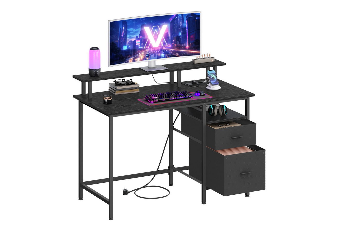 VASAGLE Schreibtisch mit Stoff-Schubladen, Computertisch mit Monitorständer, für Homeoffice, Bürotisch, 2 AC-Steckdosen, 2 USB-A-Anschlüsse, 120 x 60 cm – Bild 2 von 5