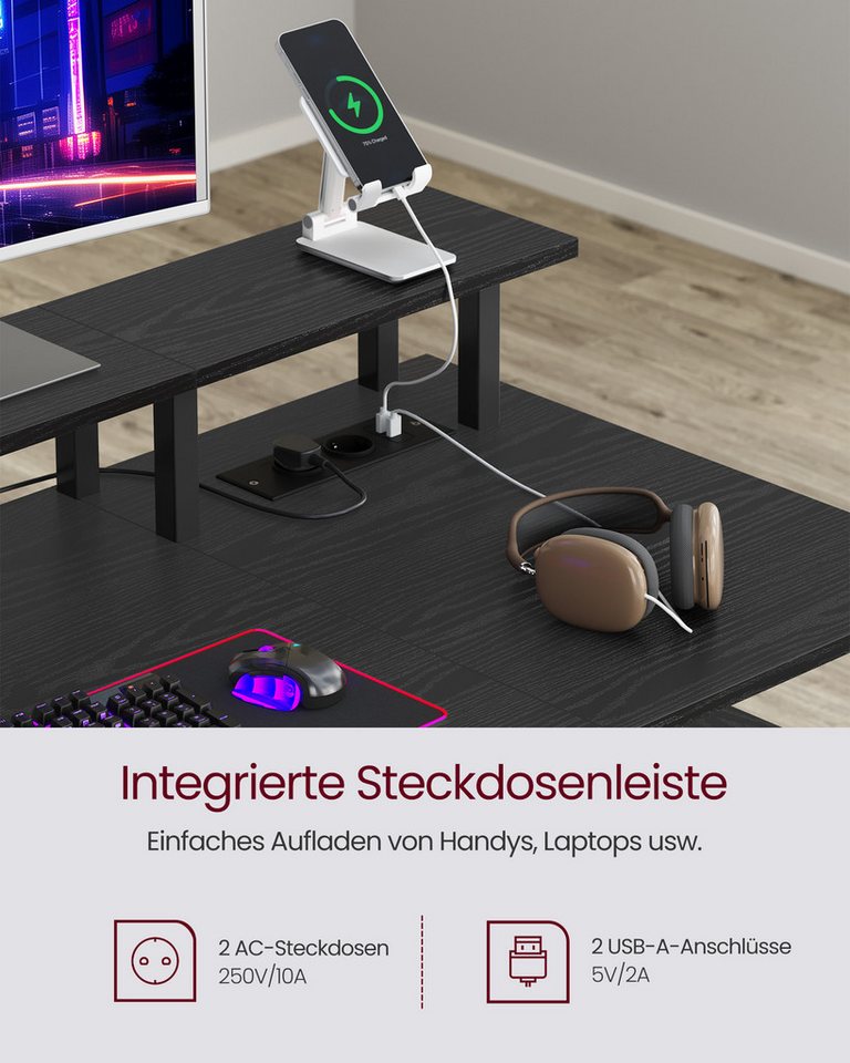VASAGLE Schreibtisch mit Stoff-Schubladen, Computertisch mit Monitorständer, für Homeoffice, Bürotisch, 2 AC-Steckdosen, 2 USB-A-Anschlüsse, 120 x 60 cm – Bild 3 von 5