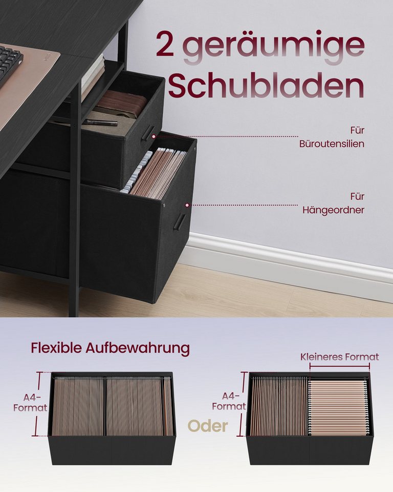 VASAGLE Schreibtisch mit Stoff-Schubladen, Computertisch mit Monitorständer, für Homeoffice, Bürotisch, 2 AC-Steckdosen, 2 USB-A-Anschlüsse, 120 x 60 cm – Bild 4 von 5
