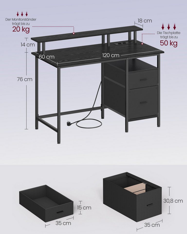 VASAGLE Schreibtisch mit Stoff-Schubladen, Computertisch mit Monitorständer, für Homeoffice, Bürotisch, 2 AC-Steckdosen, 2 USB-A-Anschlüsse, 120 x 60 cm – Bild 5 von 5