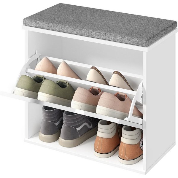 VASAGLE Schuhbank mit Sitzkissen, Sitzbank, 30 x 60 x 53,5 cm, Flur, Schlafzimmer, für 6 Paar Schuhe, Klappfach mit verstellbarer Trennwand, weiß-grau
