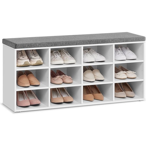 VASAGLE Schuhbank Schuhregal, Sitzbank, 12 Fächer, für Wohnzimmer, Flur, 30,3x104x48 cm, mit Sitzfläche, mit Stauraum, Kissen, verstellbare Ablagen, weiß
