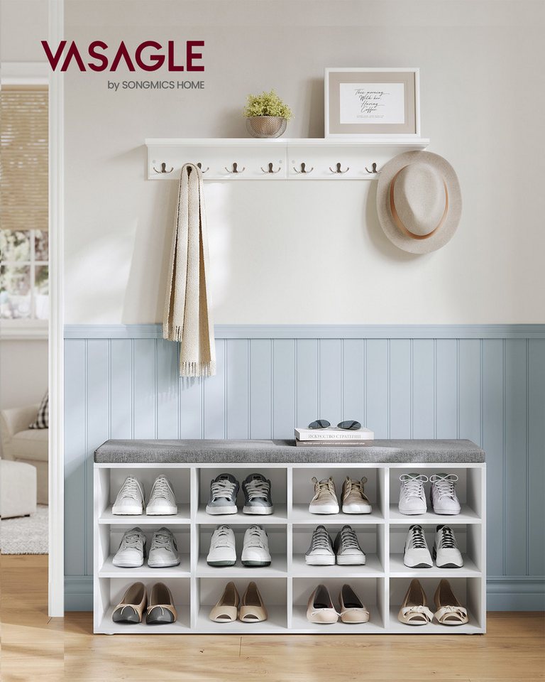 VASAGLE Schuhbank Schuhregal, Sitzbank, 12 Fächer, für Wohnzimmer, Flur, 30,3x104x48 cm, mit Sitzfläche, mit Stauraum, Kissen, verstellbare Ablagen, weiß – Bild 3 von 5