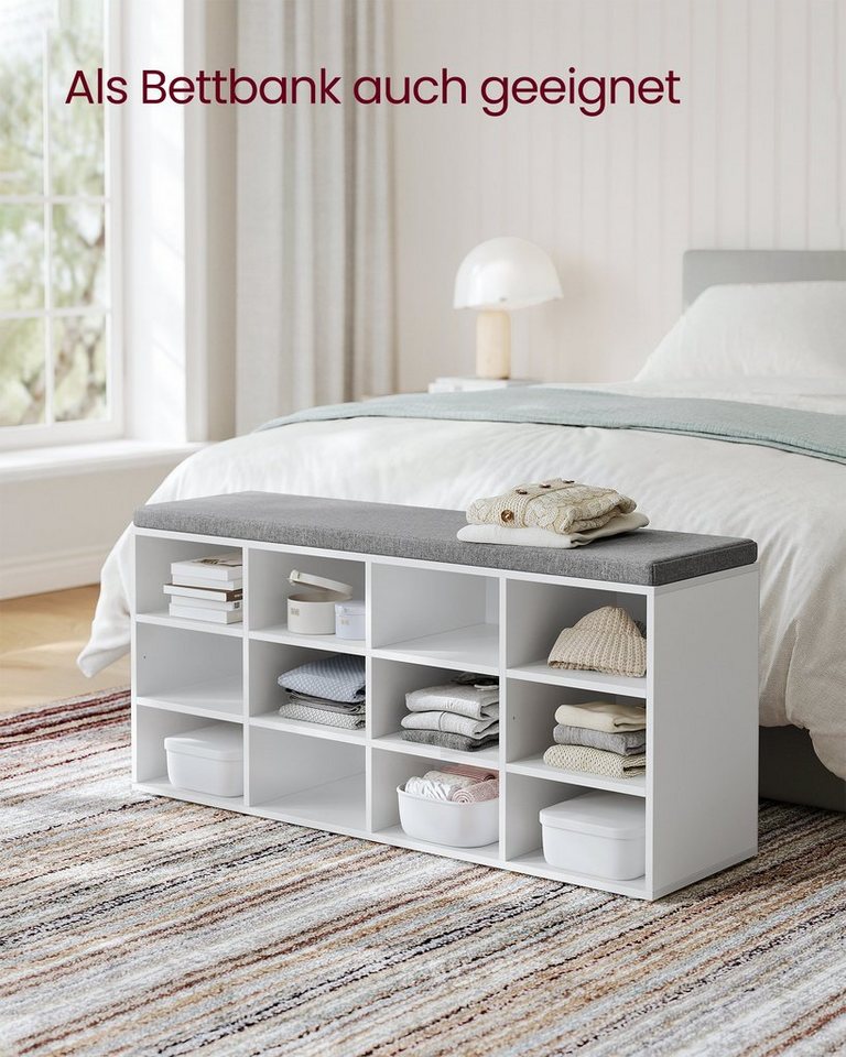 VASAGLE Schuhbank Schuhregal, Sitzbank, 12 Fächer, für Wohnzimmer, Flur, 30,3x104x48 cm, mit Sitzfläche, mit Stauraum, Kissen, verstellbare Ablagen, weiß – Bild 4 von 5