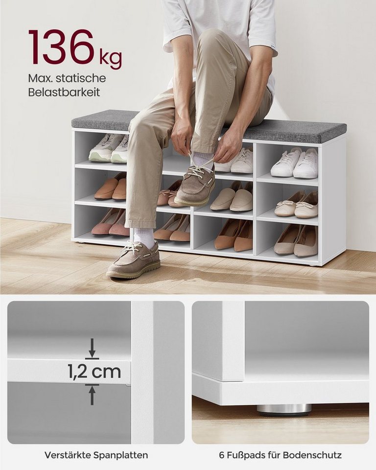 VASAGLE Schuhbank Schuhregal, Sitzbank, 12 Fächer, für Wohnzimmer, Flur, 30,3x104x48 cm, mit Sitzfläche, mit Stauraum, Kissen, verstellbare Ablagen, weiß – Bild 5 von 5