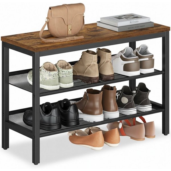 VASAGLE Schuhbank Schuhregal mit 3 Ebenen, Schuhablage, einteiliges Design, mit erhöhten Kanten, Industrie-Stil, 28 x 75 x 50 cm