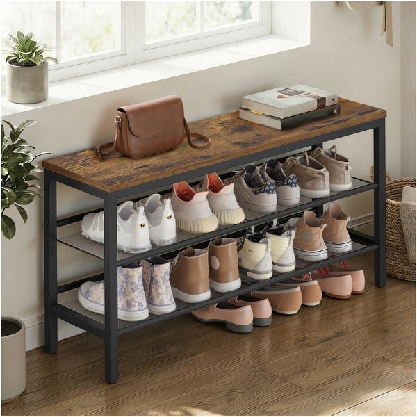 VASAGLE Schuhbank Schuhregal mit 3 Ebenen, Schuhablage im einteiligen Design, Industrie-Stil, einfache Montage, 28 x 100 x 50 cm