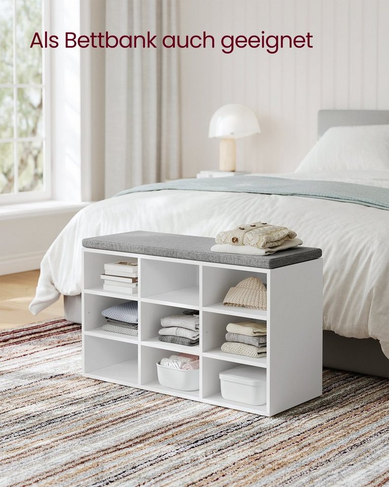 VASAGLE Schuhbank Schuhregal mit Sitzfläche, Sitzbank mit Stauraum, Kissen, 9 Fächer, verstellbare Ablagen, für Wohnzimmer, Flur, 30,3 x 78,5 x 48 cm – Bild 2 von 5