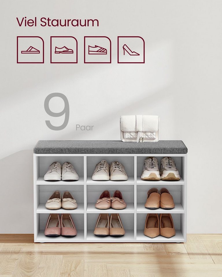 VASAGLE Schuhbank Schuhregal mit Sitzfläche, Sitzbank mit Stauraum, Kissen, 9 Fächer, verstellbare Ablagen, für Wohnzimmer, Flur, 30,3 x 78,5 x 48 cm – Bild 4 von 5