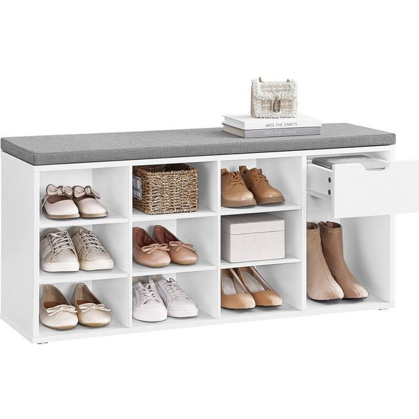 VASAGLE Schuhbank Schuhregal, Flur, Schlafzimmer und Eingangsbereich, 1 Schublade, 10 offene Fächern, Sitzbank, gepolsterter Sitz, weiß