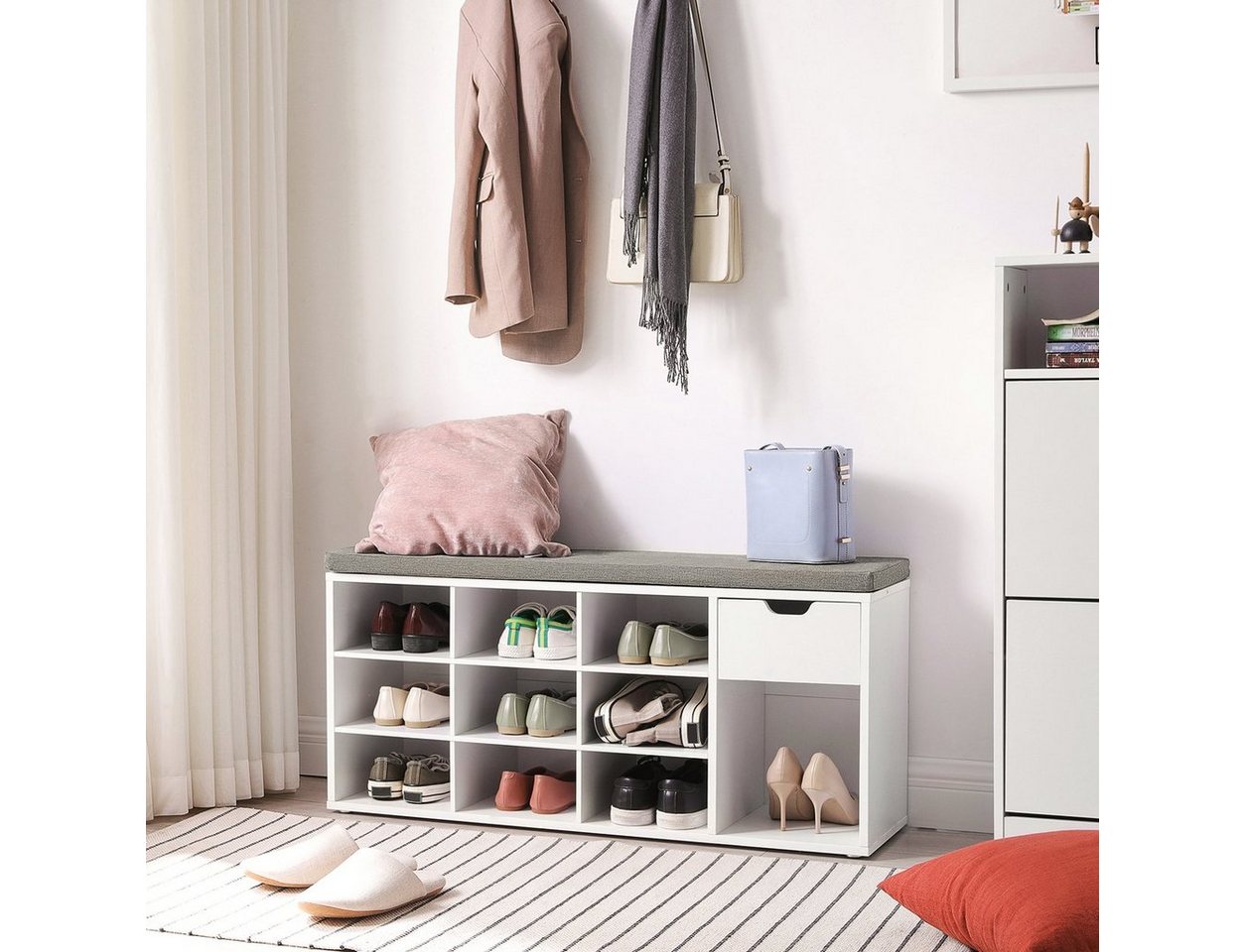 VASAGLE Schuhbank Schuhregal, Flur, Schlafzimmer und Eingangsbereich, 1 Schublade, 10 offene Fächern, Sitzbank, gepolsterter Sitz, weiß – Bild 2 von 5