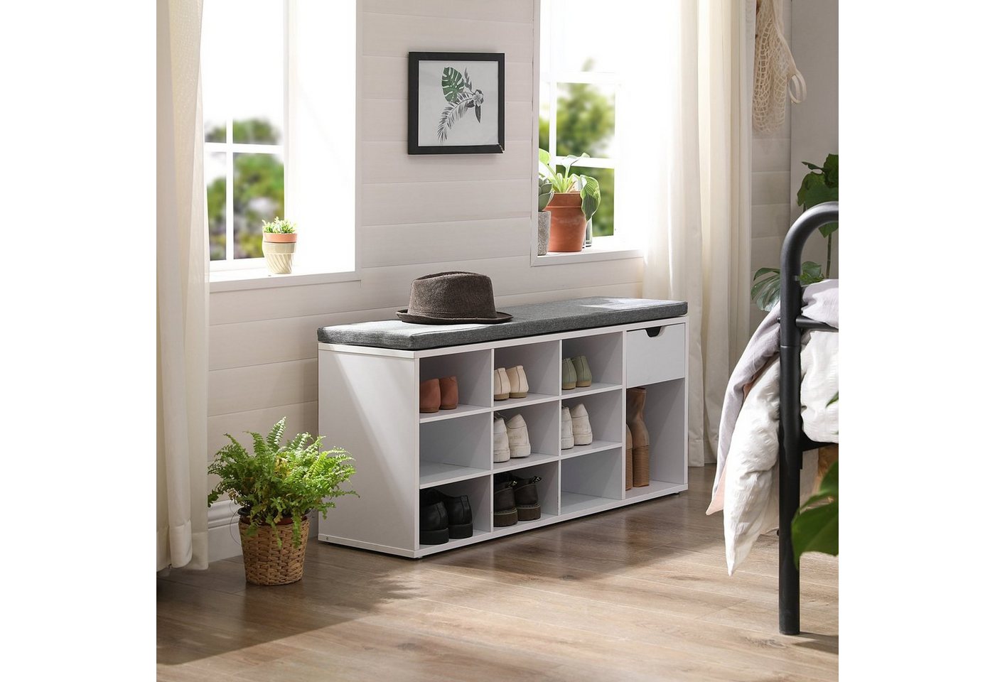 VASAGLE Schuhbank Schuhregal, Flur, Schlafzimmer und Eingangsbereich, 1 Schublade, 10 offene Fächern, Sitzbank, gepolsterter Sitz, weiß – Bild 3 von 5