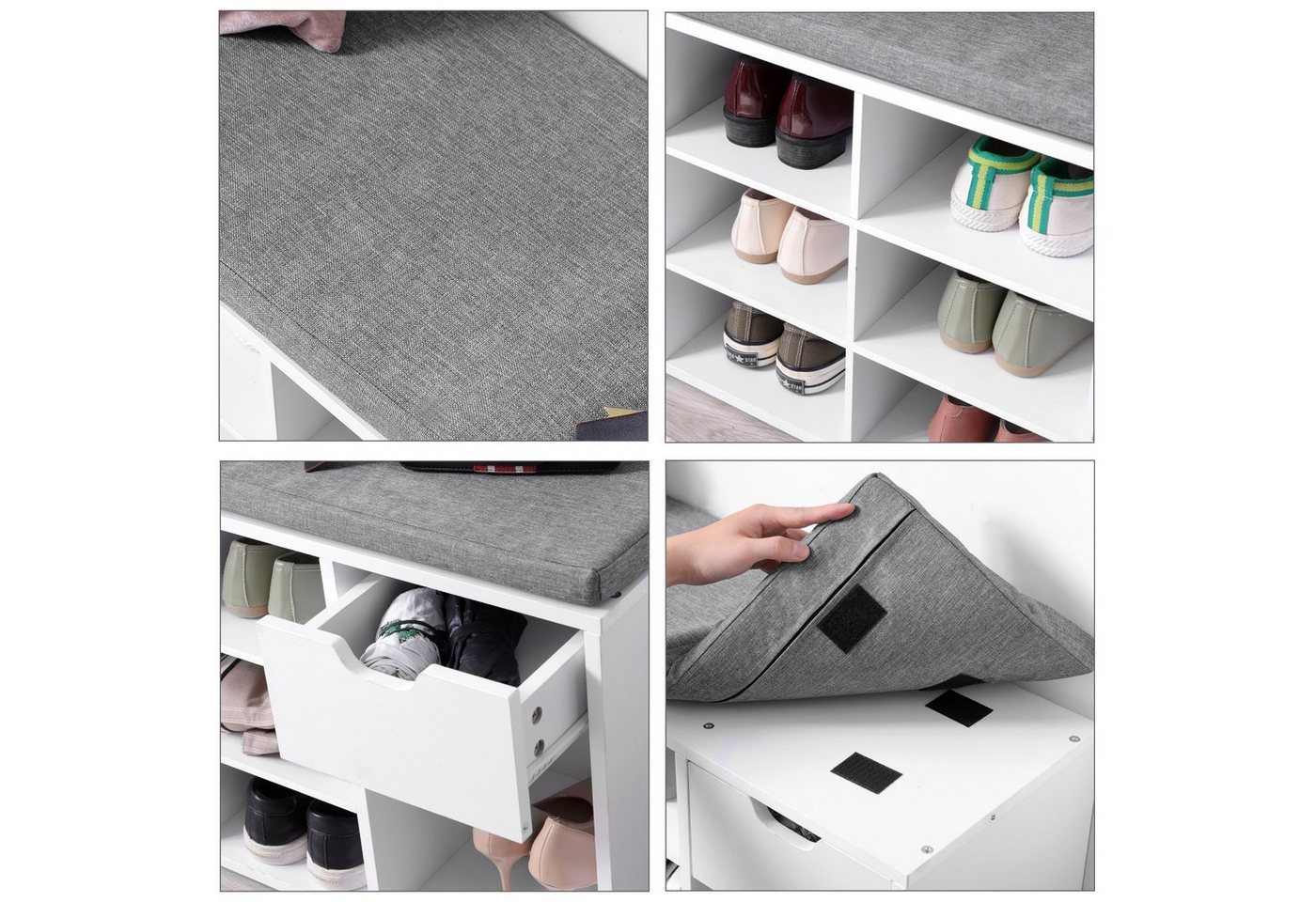 VASAGLE Schuhbank Schuhregal, Flur, Schlafzimmer und Eingangsbereich, 1 Schublade, 10 offene Fächern, Sitzbank, gepolsterter Sitz, weiß – Bild 4 von 5