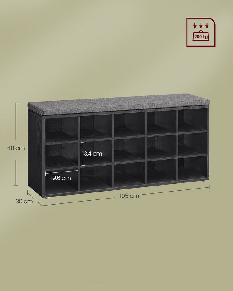 VASAGLE Schuhbank Sitzbank, Schuhregal mit Sitzfläche, mit Kissen und 15 Fächern, 105 x 30 x 48 cm – Bild 4 von 5