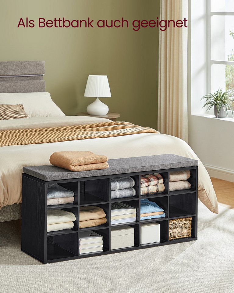 VASAGLE Schuhbank Sitzbank, Schuhregal mit Sitzfläche, mit Kissen und 15 Fächern, 105 x 30 x 48 cm – Bild 5 von 5