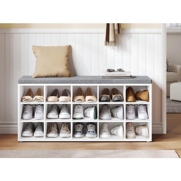 VASAGLE Schuhbank Sitzbank, Schuhregal mit Sitzfläche, mit Kissen und 15 Fächern, 105 x 30 x 48 cm