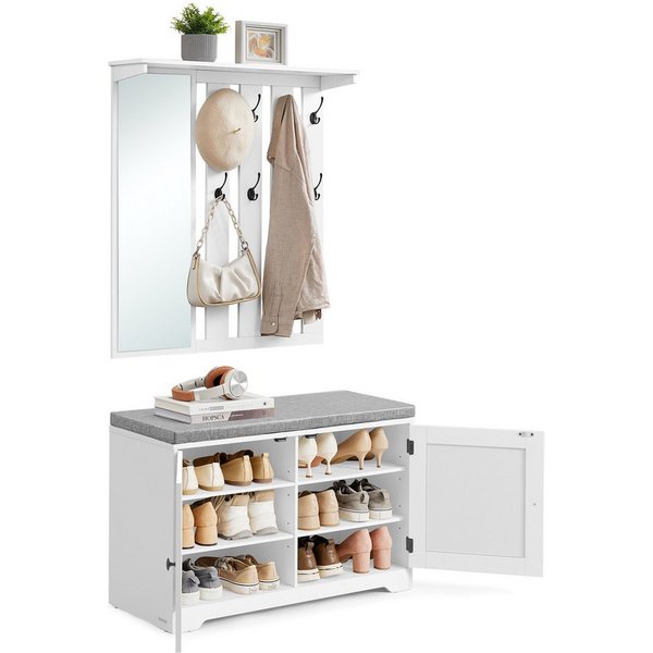 VASAGLE Schuhbank Wandgarderobe Set, Garderobe mit Spiegel, Doppeltüren, Sitzbank, 8 Doppelhaken, Schuhschrank, Sitzpolster abnehmbar, 81 cm breit
