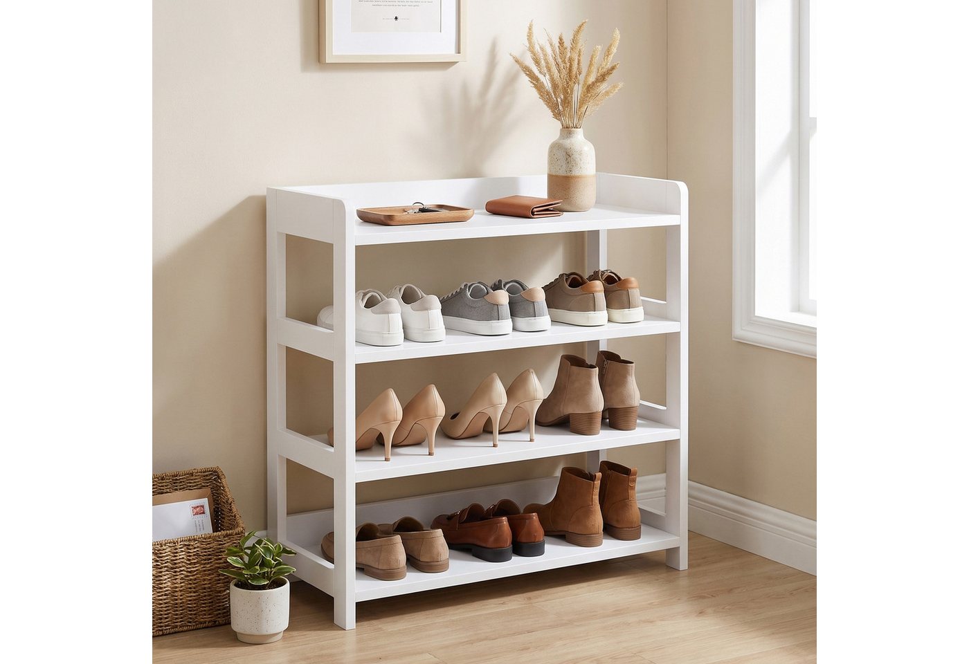 VASAGLE Schuhregal Schmales Standregal mit Ablage Platzsparend, 4 Ebenen 63 x 30 x 66 cm Weiß – Bild 2 von 5
