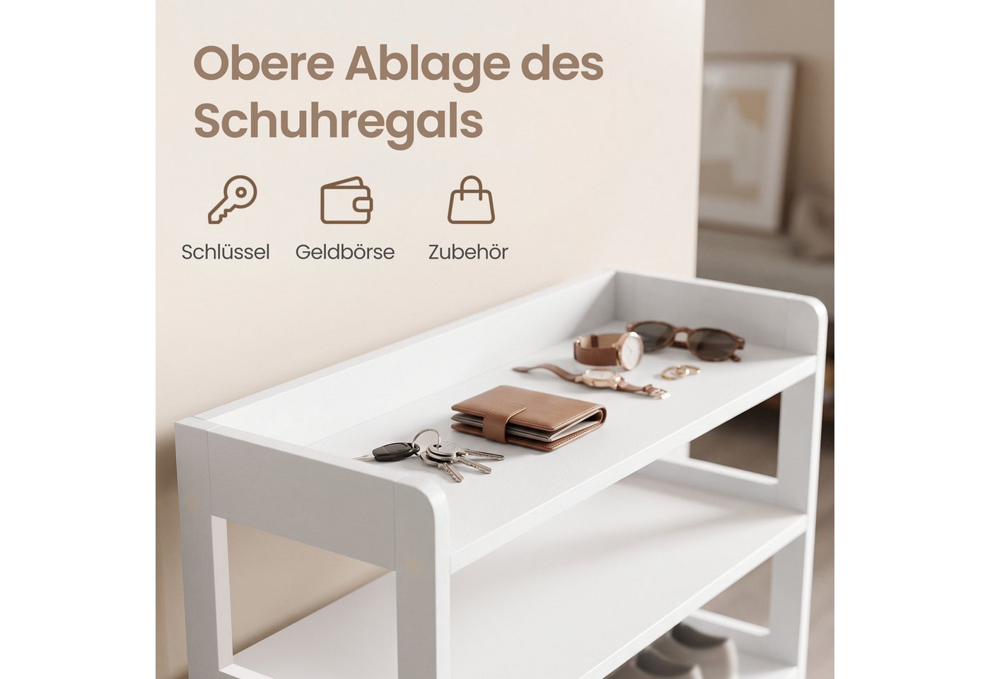 VASAGLE Schuhregal Schmales Standregal mit Ablage Platzsparend, 4 Ebenen 63 x 30 x 66 cm Weiß – Bild 4 von 5