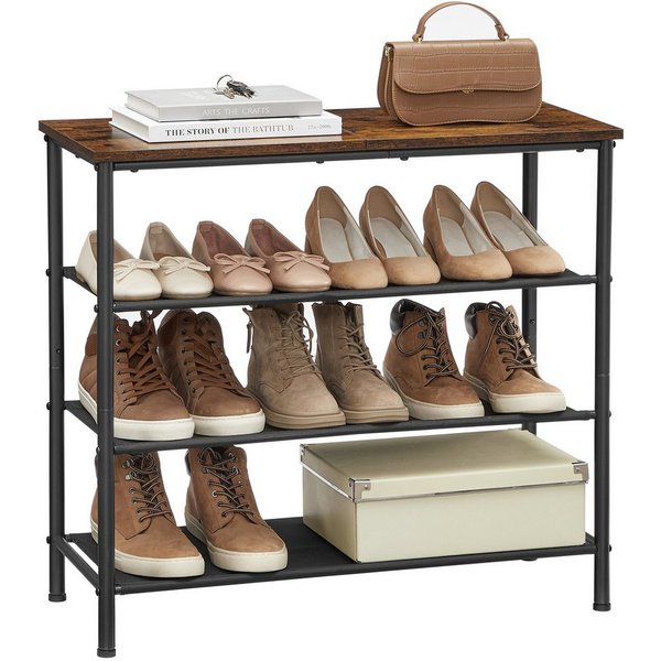 VASAGLE Schuhregal Schuhablage für Eingangsbereich, Stahl, Platzsparend, Industrie-Design, Schuhregal mit 4 Ebenen, 3 Stoffablagen, große Oberfläche für Taschen